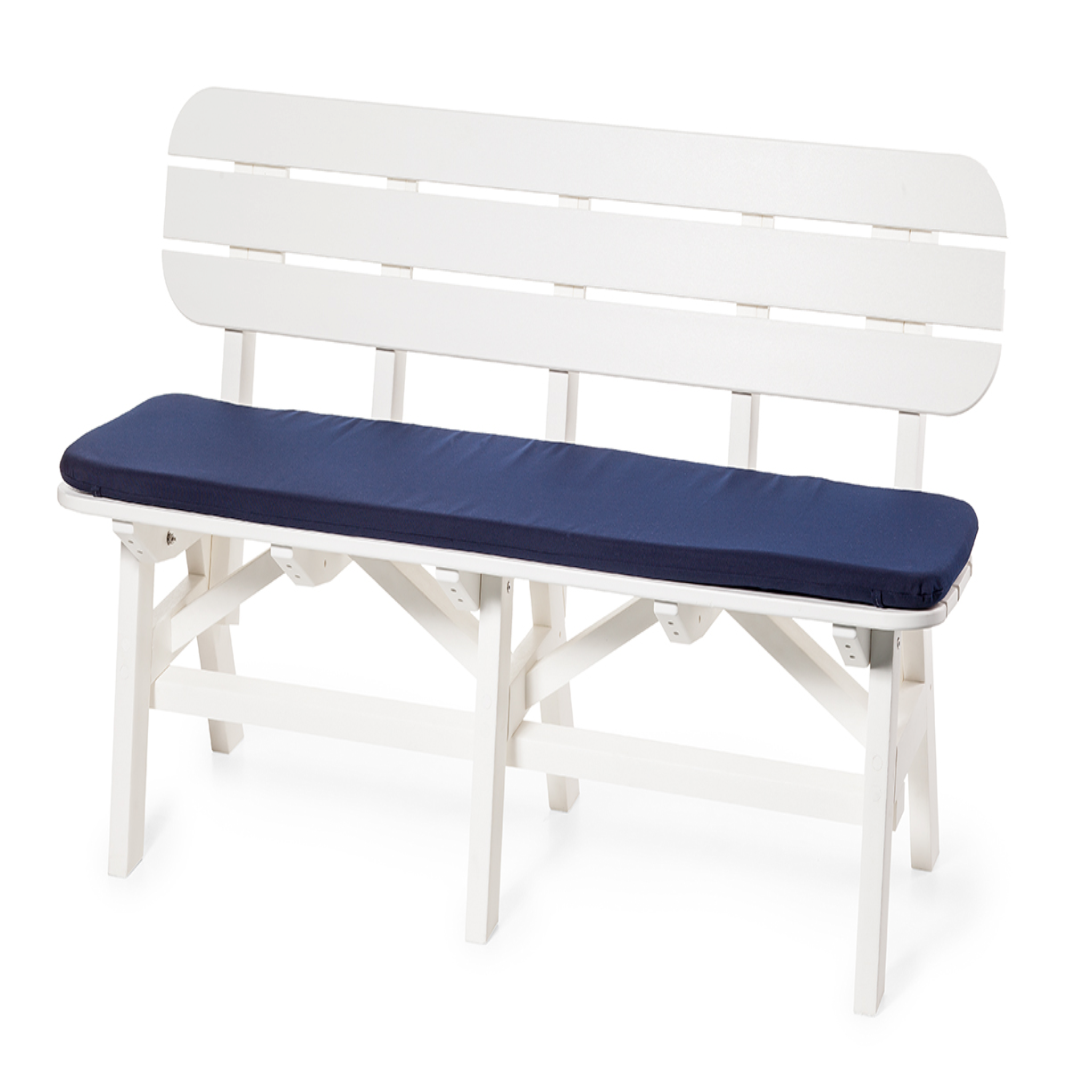 White bench with a navy cushion on a white background