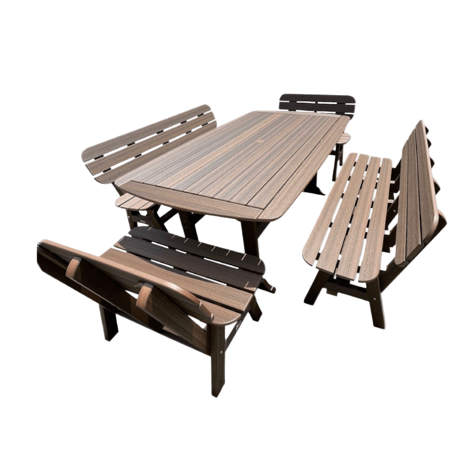 rectangle dining table shown in brown, premium woodgrain color with 4 benches around it . Seating for up to 10 people .  outdoor patio table . made with  polywood, composite, hdpe plastic material with a 20 year warranty. made in rhode island by seaside casual furniture