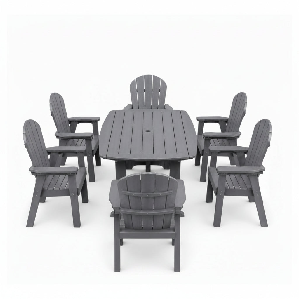 42 x 56 Inch Rectangular Seaside Casual Portsmouth Dining Table Seating Set with 6 Adirondack Shellback Dining Chairs