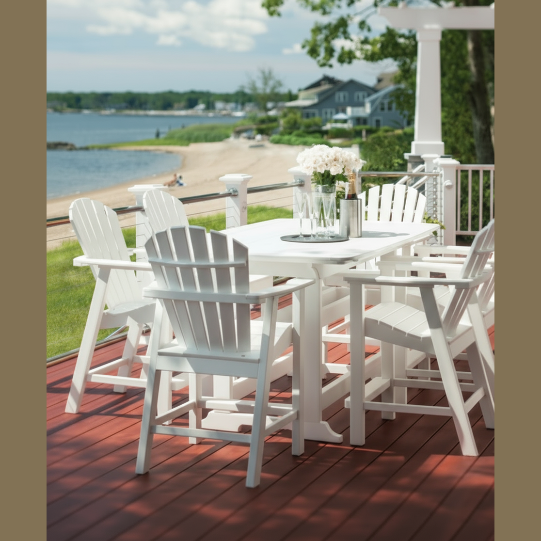 White bar height outdoor dining set on a wooden deck with a scenic background
