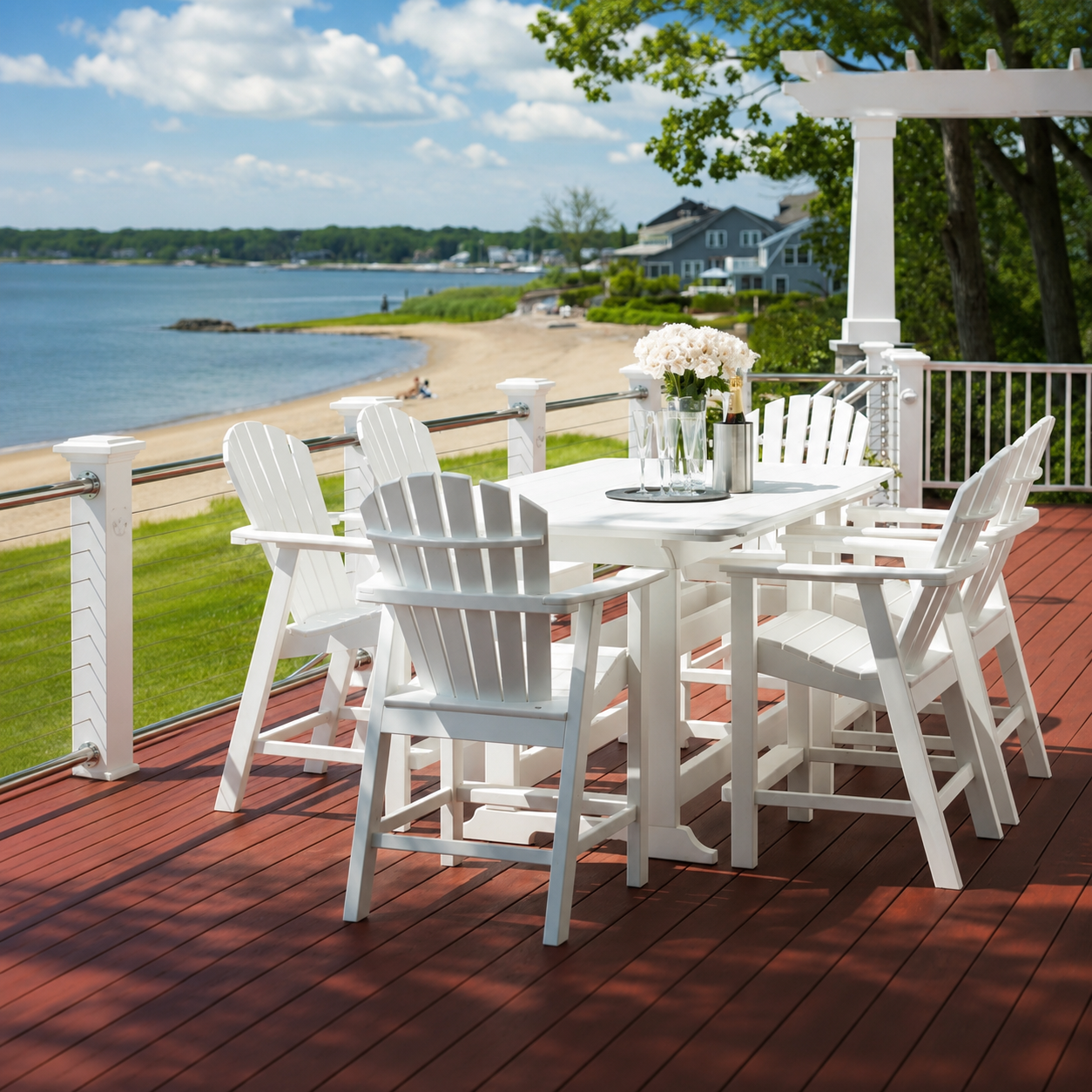 42 x 72 Inch Rectangular Portsmouth BAR Table Seating Set with 6 SHELLBACK Adirondack Bar Chairs