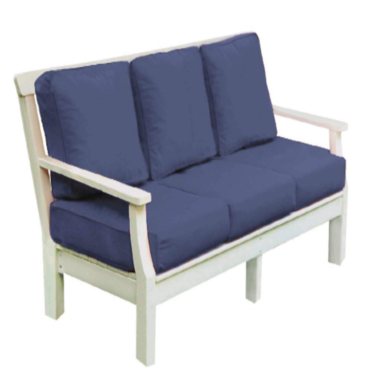 White Nantucket Seaside Casual Furniture sofa with blue cushions on a white background