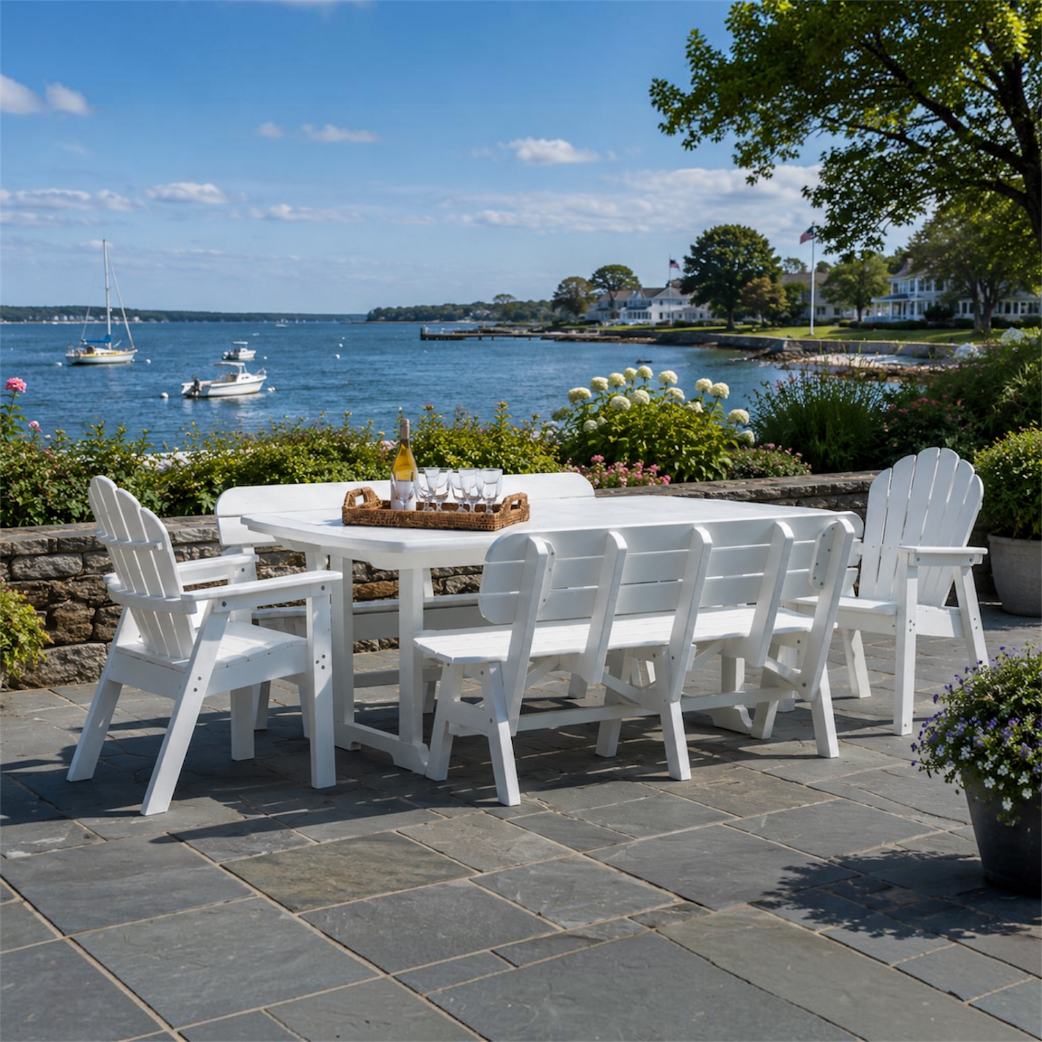 42 x 72 Inch Rectangular Seaside Casual Portsmouth Dining Table Seating Set with 2 Portsmouth 5' Benches and 2 Adirondack Classic Dining Chairs