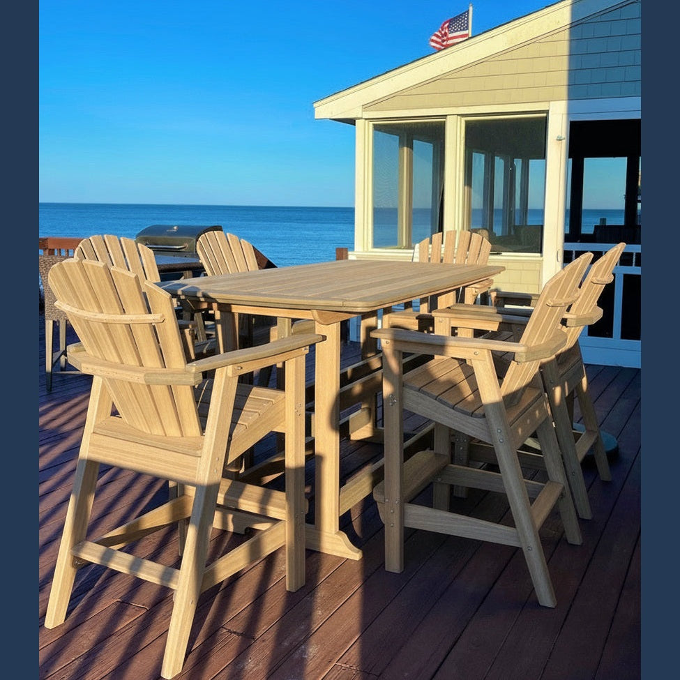 Bar height Outdoor furniture set on a deck with ocean view. Seats 6.