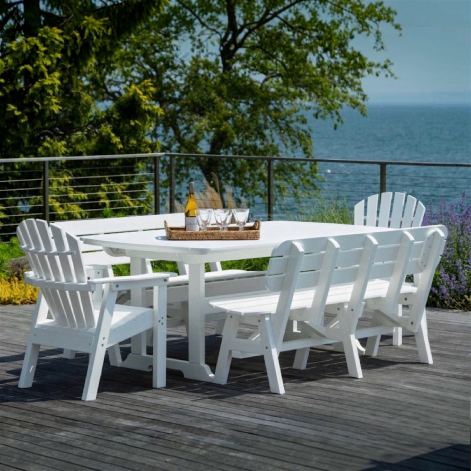 42 x 72 Inch Rectangular Seaside Casual  Portsmouth Dining Table Seating Set with 2 Benches and 2 Adirondack Shellback Dining Chairs