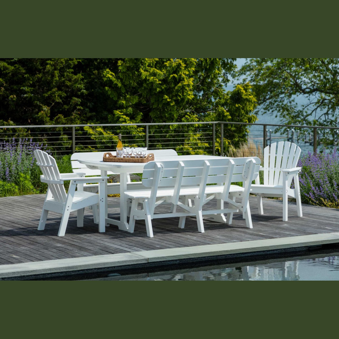 white rectangular patio table with 2 dining adirondack chairs and 2 benches